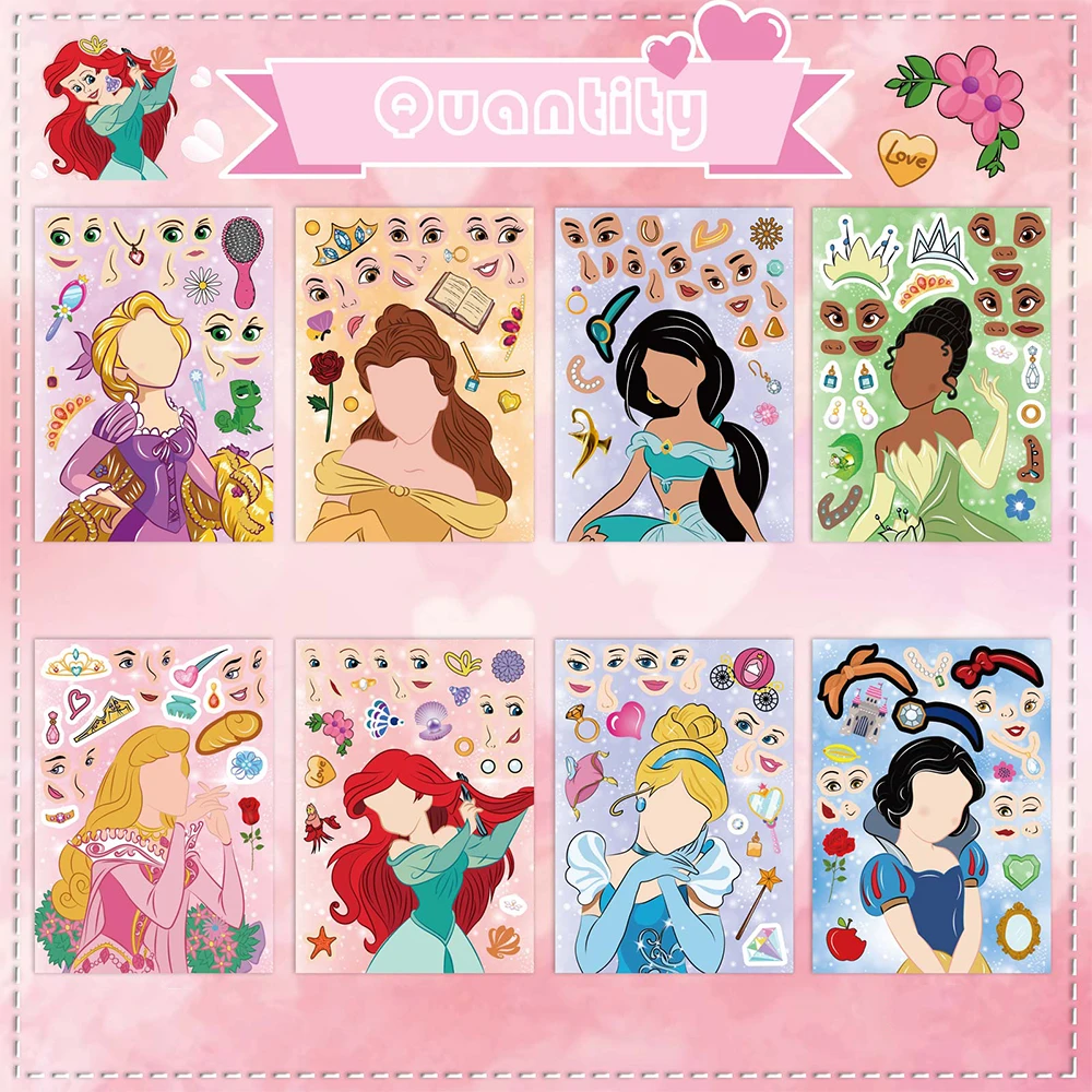 8/16Sheets Disney Princess Children Puzzle Stickers Make-a-Face Funny DIY Assemble Jigsaw Cartoon Sticker Kids Educational Toys