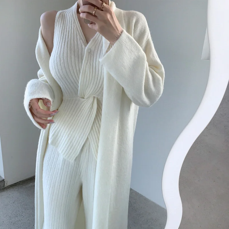 

Early Spring Design Knot Neck Long Knitted Vest Women's Open Cardigan Outerwear High Waist Long Pants Three Piece Set