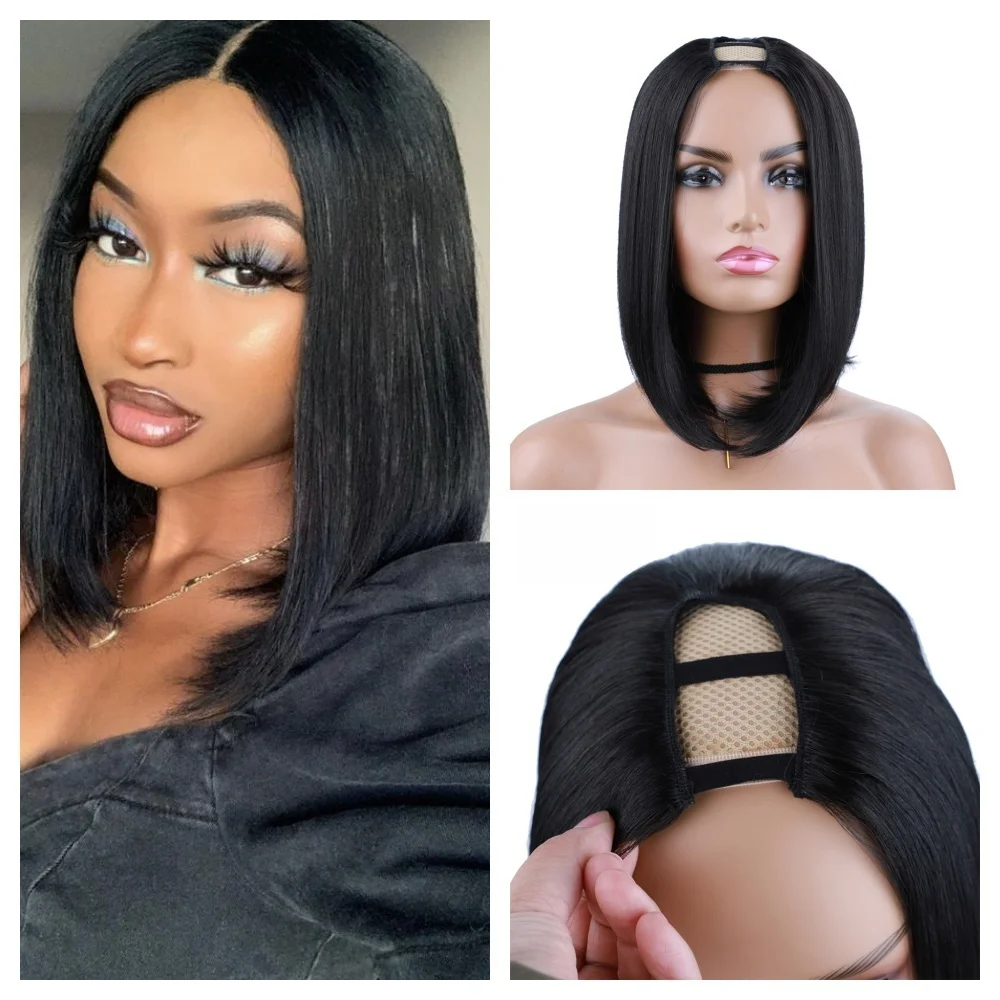 

Lydia шелковистый прямой боб U-образной части черный естественный вид на клипсах термостойкие синтетические 12-дюймовые женские повседневные парики