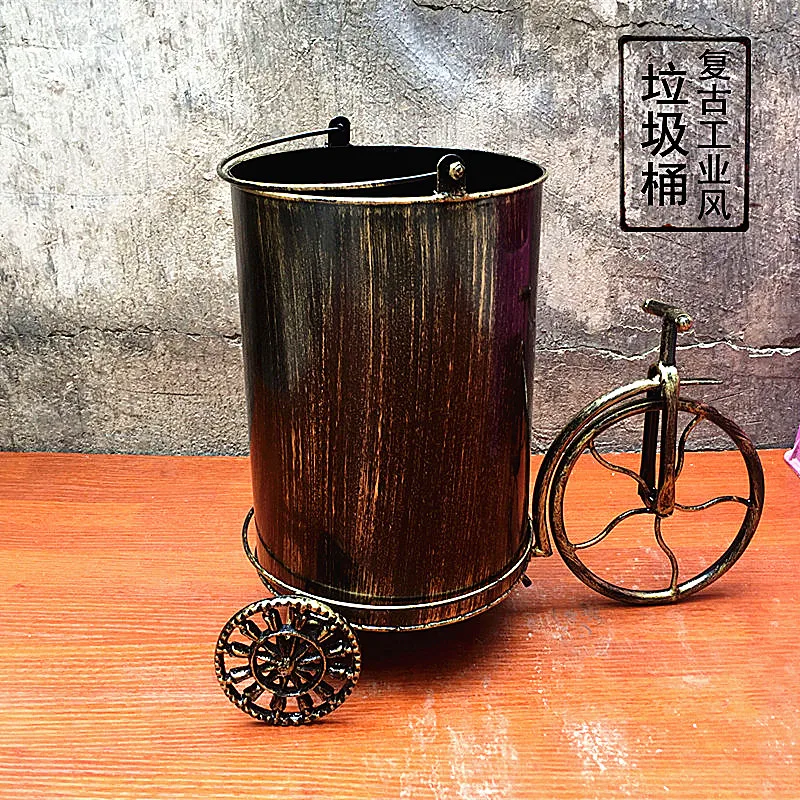 Retro Tricycle Trash Can Garbage Bin Metal Round Trash Can Bar Art Creative Storage Bucket