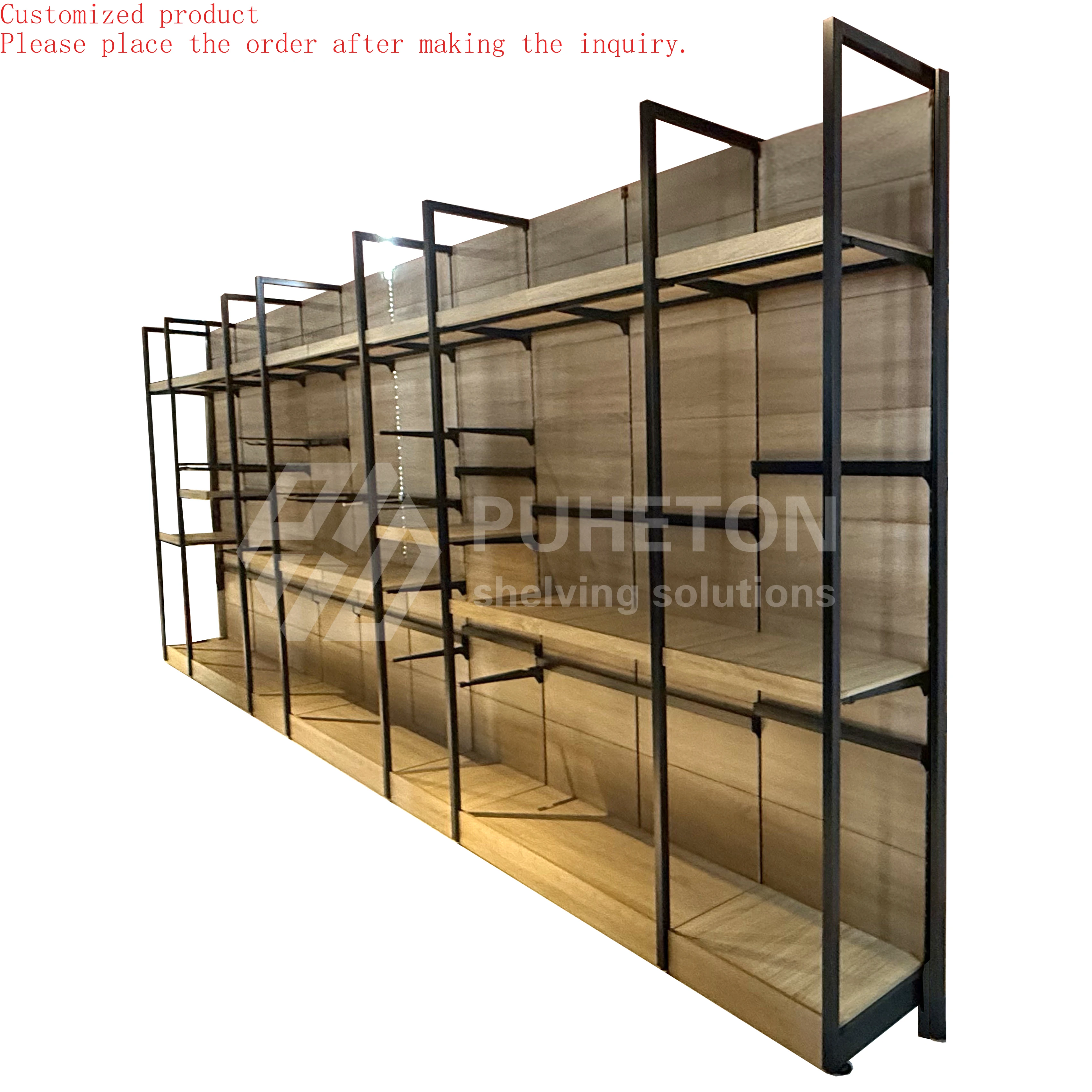 

Custom.Customized Light Duty Supermarket Rack Metallic Gondola Shelving for Retail Store Wooden Display Shop Wood Super