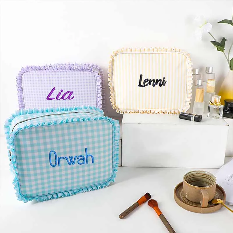 

Ladies travel toilet items kits embroidered name seersucker makeup bag, personalized name bridesmaid gifts, bridal party gifts