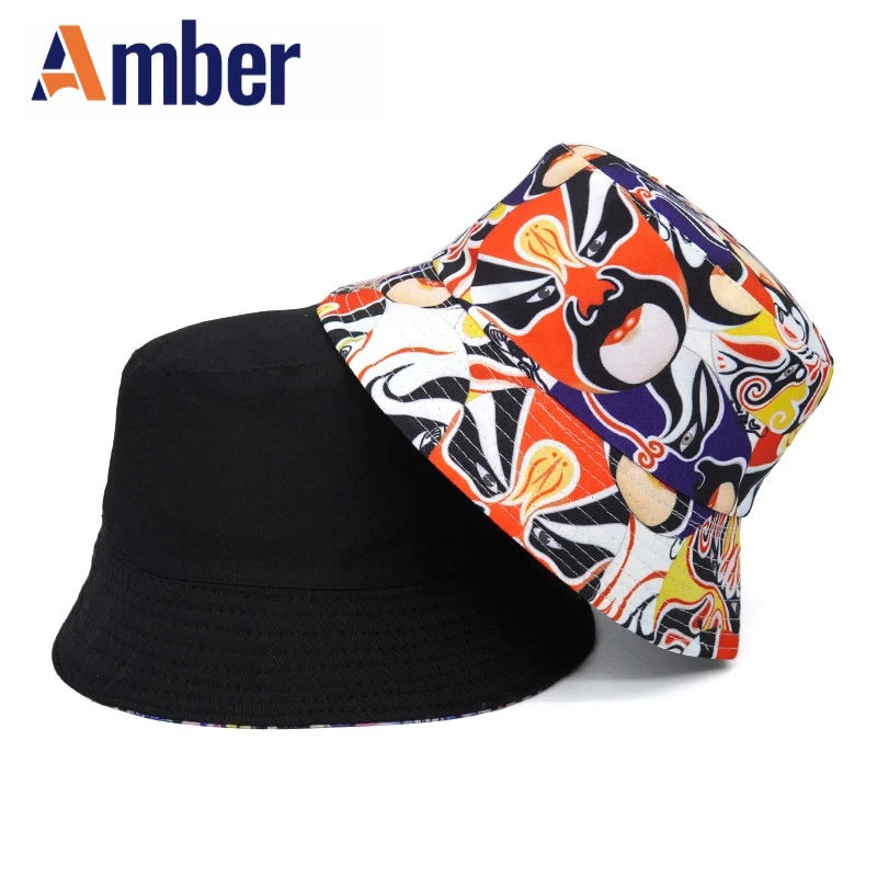 Amber vintage bucket hat printing Panama fisherman hats facial makeup graffiti men women Chinese style double sides Sun Cap