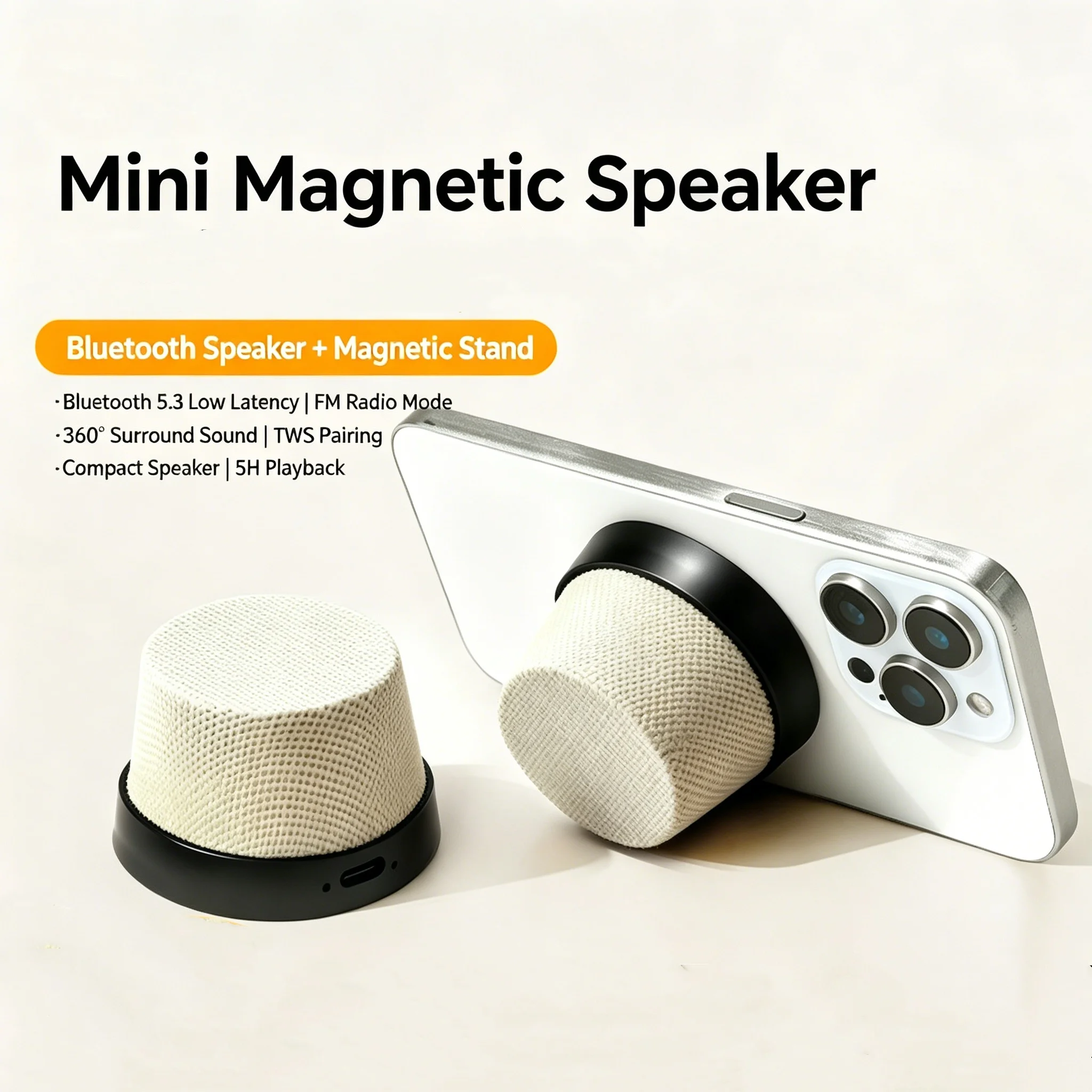 Magnetic 2-in-1 Mini Bluetooth Speaker with Phone Stand, Portable Fabric Wireless Speaker for Outdoor Travel