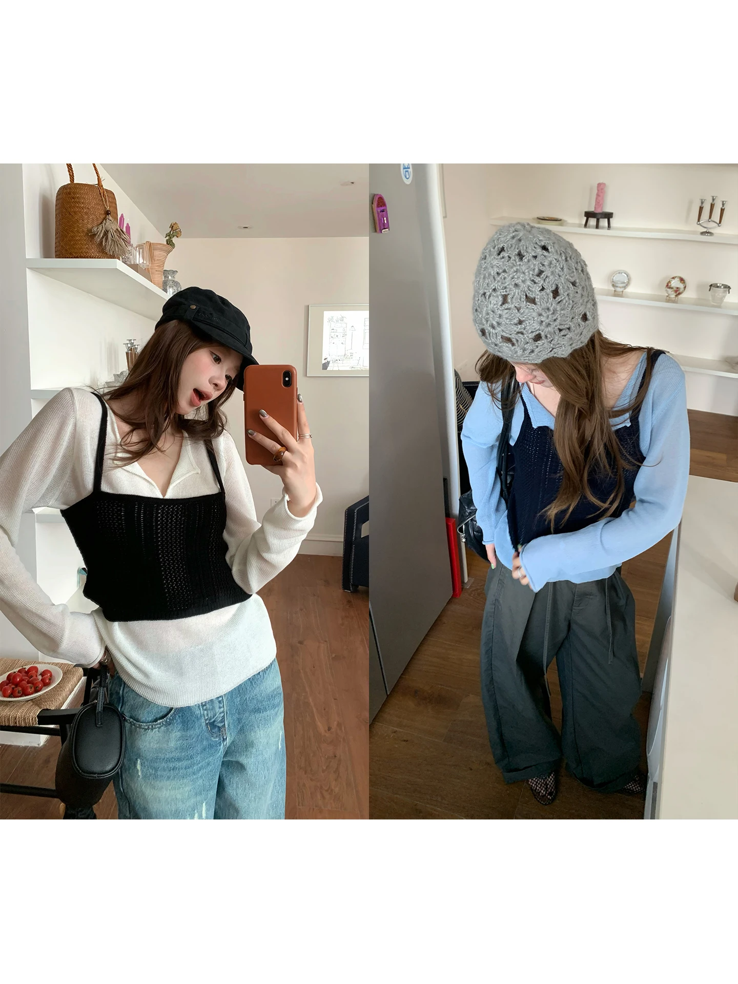 

Imxiang корейский вязаный ажурный женский топ из двух предметов из искусственного льна V-Ne Long Sve подходит для поездок на работу