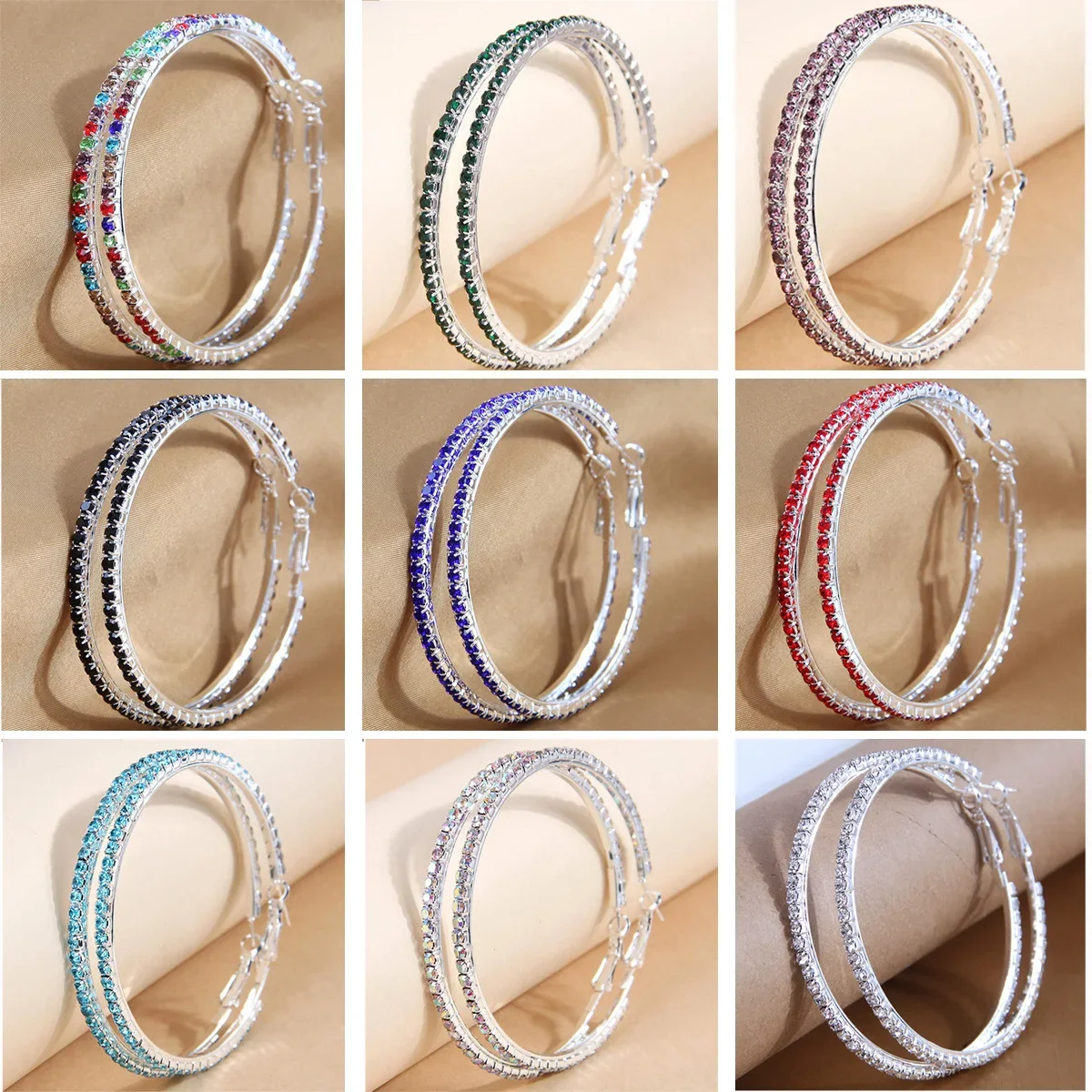 6.3cm Fashion Bling Full Rhinestone Circle Earrings Women Multicolor Crystal Zircon Big Round Hoop Earrings Party Jewelry Brinco