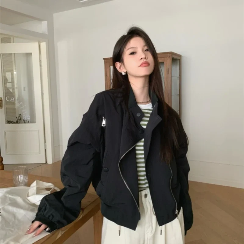 

Design Sense Zipper Long-sleeved Splicing Korean Stand-up Collar Jacket Women Spring and Fall Loose Thin Versatile Jacket Female