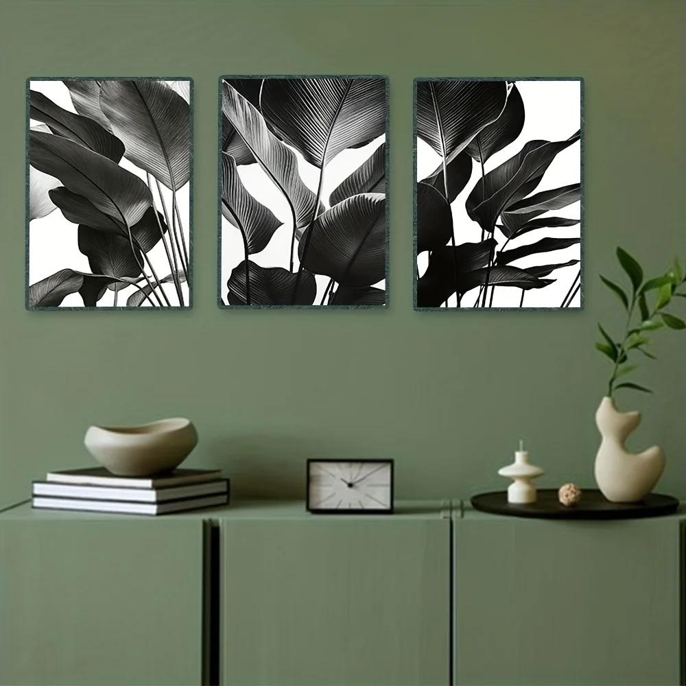 (No frame)2D Flat, 2D Flat 3pcs Black and White Leaf Art Prints - Bold Tropical Leaf Illustrations with High Contrast Detaili