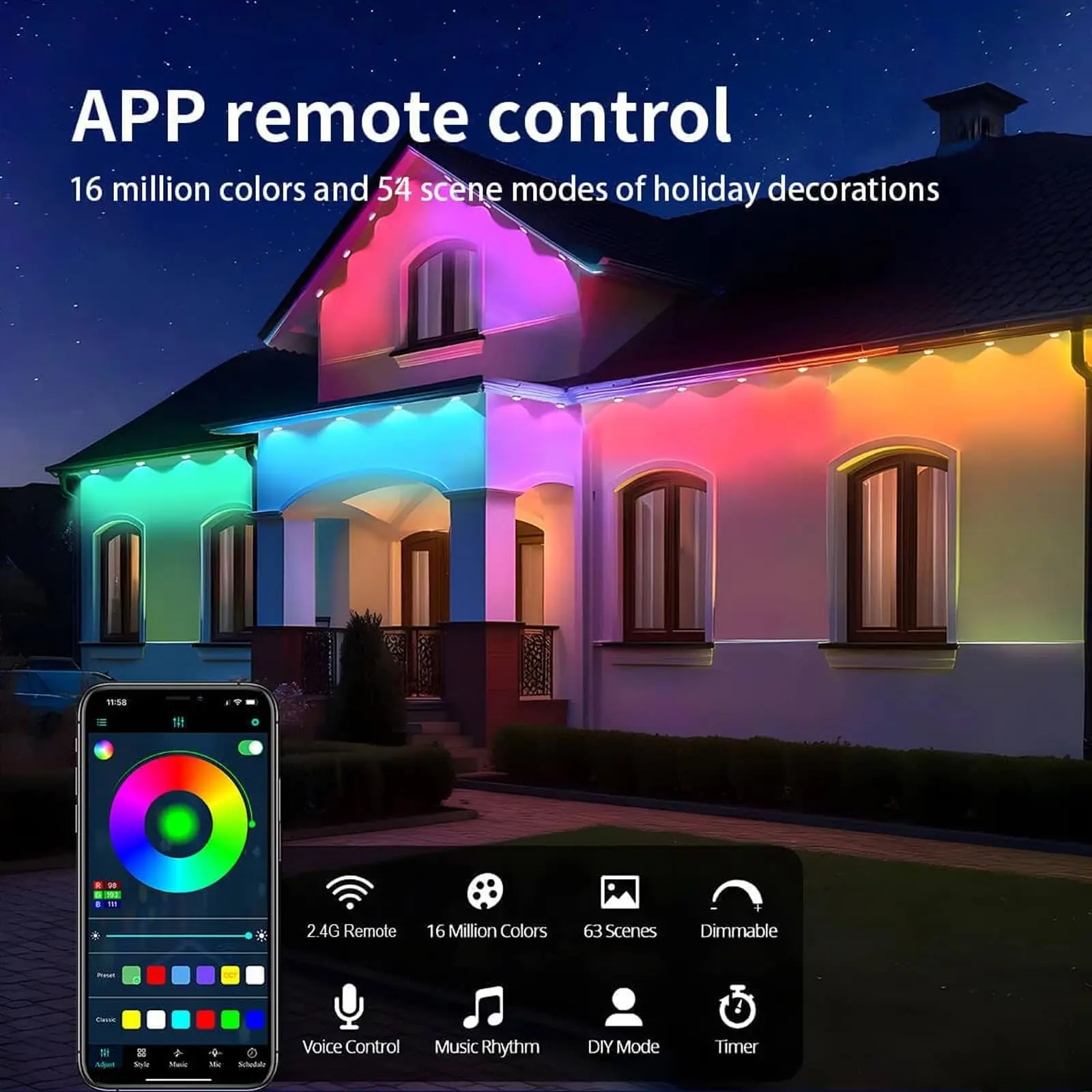 100피트 60LED 스마트 야외 스트링 라이트 IP67 방수 앱 제어 RGBIC DIY 음악 동기화 파티오 처마 파티 장식 조명