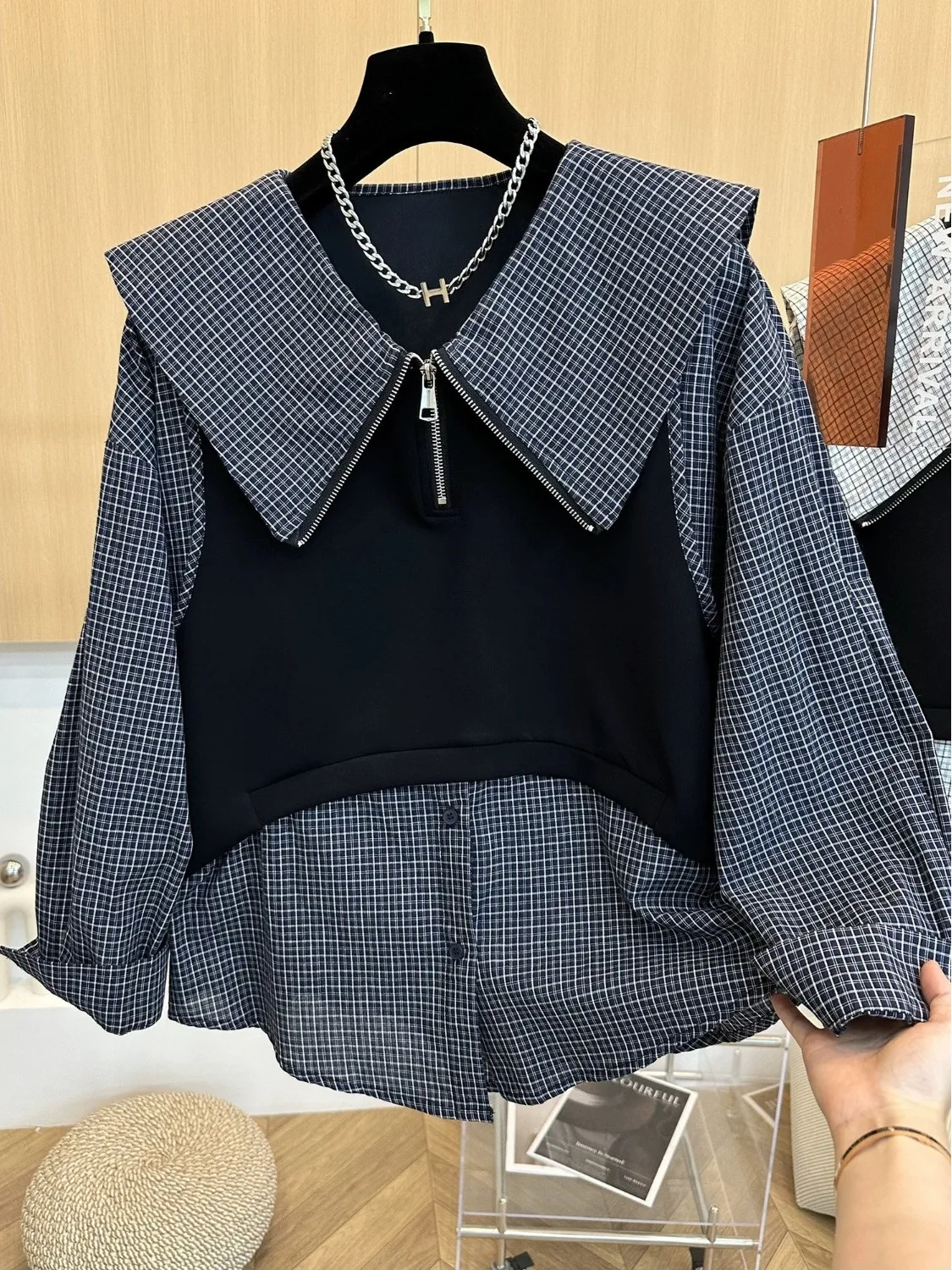 

Аутентичный осенний кукольный воротник Faion 2023, клетчатый длинный свеч irt, женский топ из двух предметов, свободный крой, европейский Sle irt