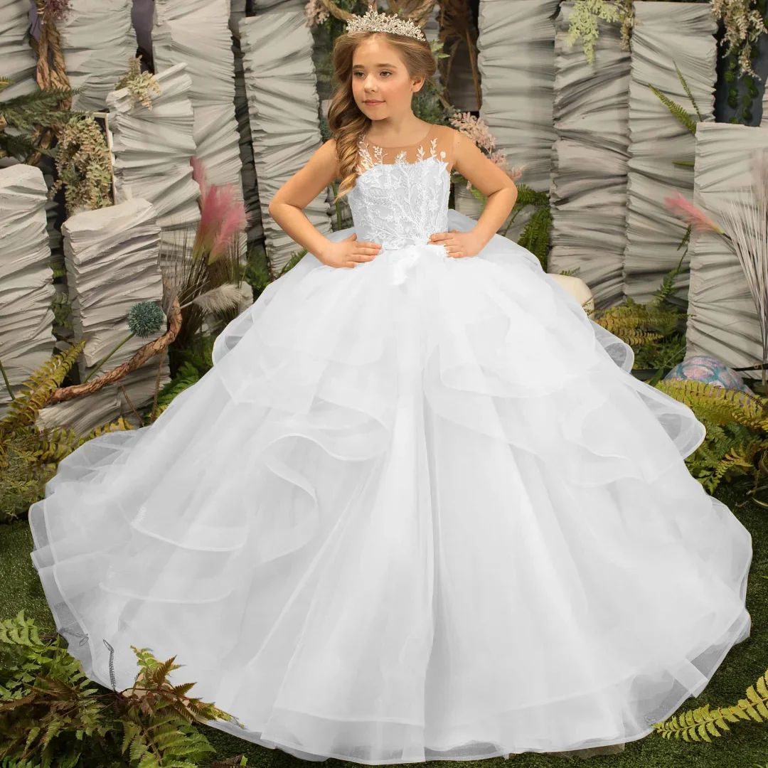

Белое платье с цветочным узором для девочек по индивидуальному заказу на свадьбу, многослойное тюлевое платье принцессы Quinceanera с аппликацией для первого причастия, платье для выпускного вечера