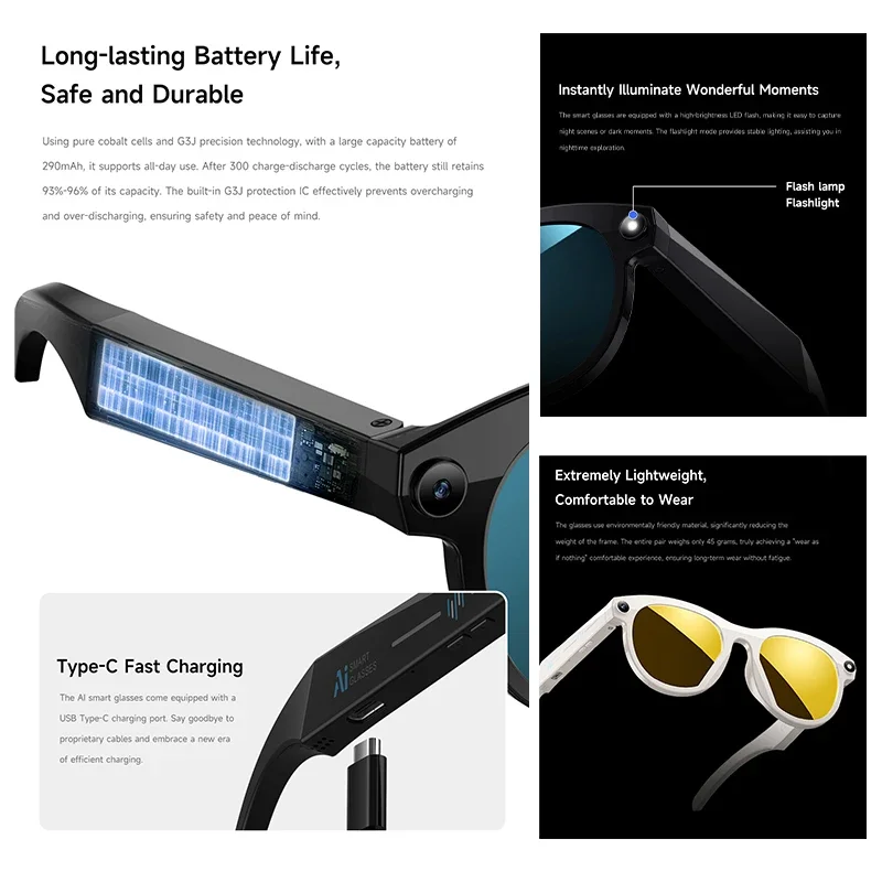 Smart AI Glasses 200W AI Shooting Camera HD Photo Video Voice Call Music Translation LED flashlight flashlight BT Call Glasses