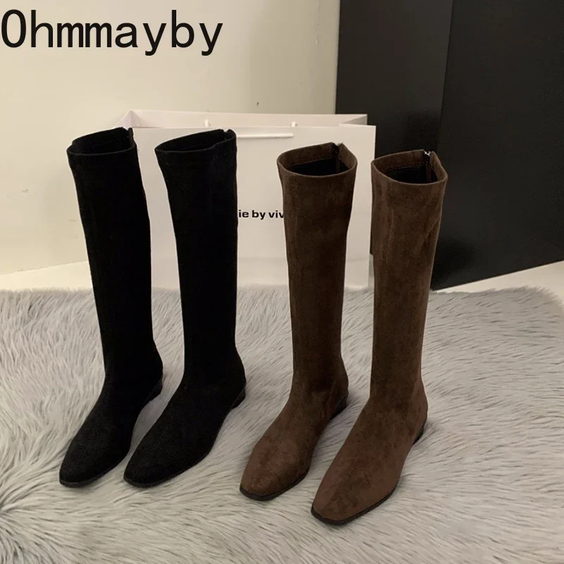 Designer Vintage Women Knee High Boots Fashion Square Low Heel Shoes Concise Slim Long Botas De Mujer