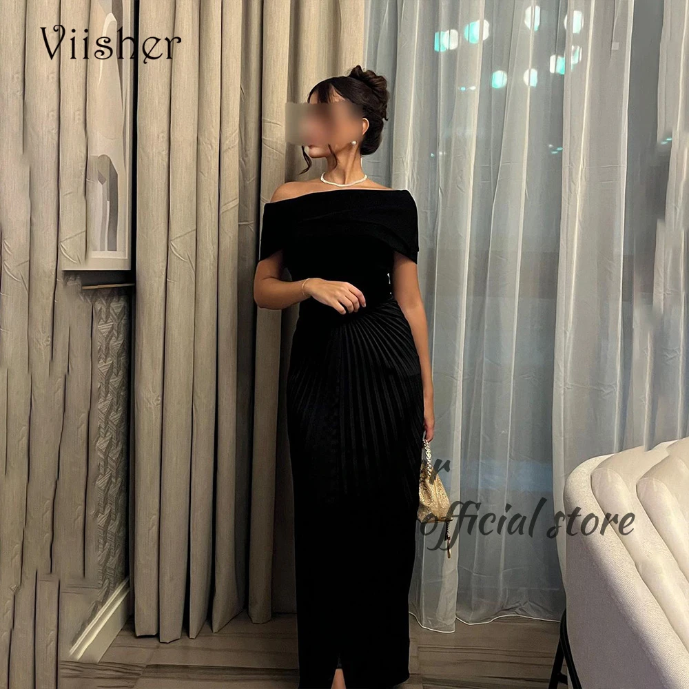 

Black Mermaid Evening Dresses Off Shoulder Pleats Satin Long Formal Prom Dress Floor Length Arabian Dubai Evening Party Gowns