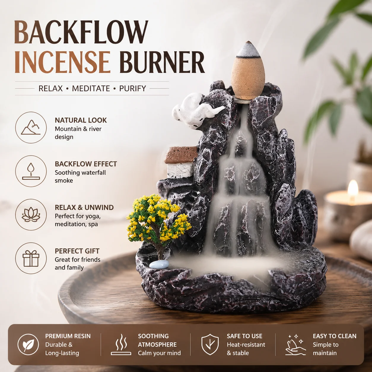 Chinese Style Mountain Water Resin Backflow Incense Burner, Sandalwood Agarwood Incense Holder, Indoor Home Decor Ornament