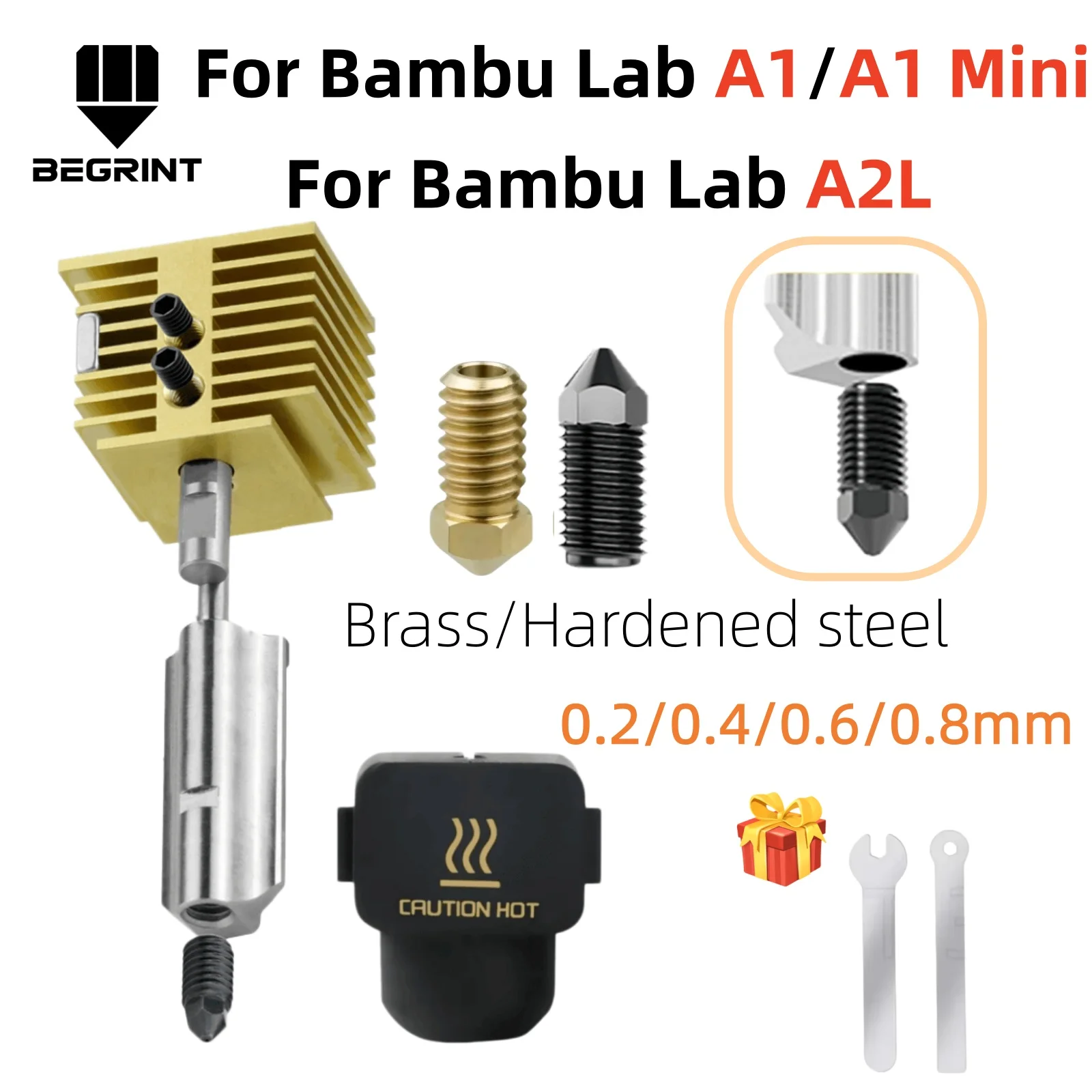 Für Bambu Lab A1/A1 Mini/A2L Montage-Hotend mit 0,2/0,4/0,6/0,8 Messing-Düsen aus gehärtetem Stahl für Bambulab A1 3D-Drucker-Teile