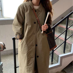 Korean New Army Green Warm Jacket Lapel Check Sleeves Straight Coat Fashion Medium And Long Ladies Puffer Padded Outwear Winter