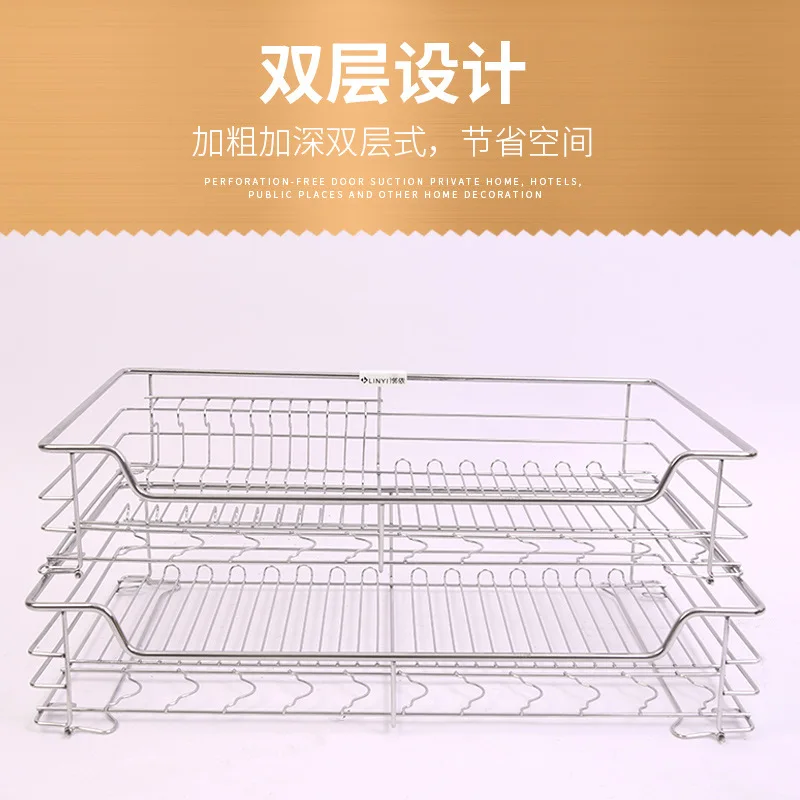 304 stainless steel pull basket buffer damping kitchen cabinet pull basket drawer double layer storage bowl rack and dish cabine