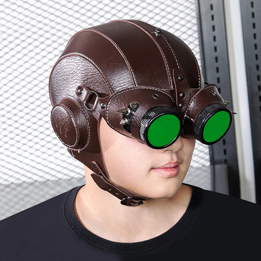 Maschera da aviatore Steampunk in pelle PU medievale Halloween Cosplay Divertente Carnevale Masquerade Mezza maschera Occhiali da pilota Copricapo