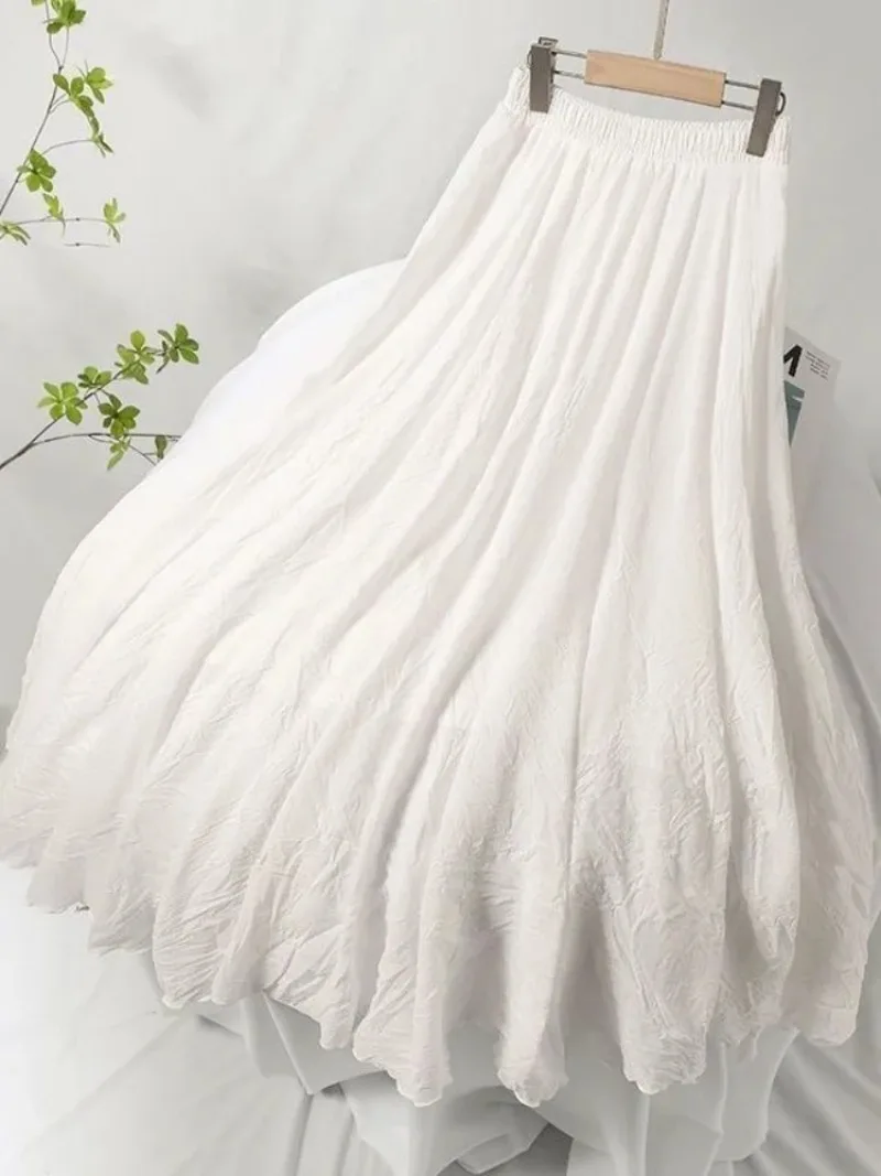 빈티지 솔리드 플리츠 롱 스커트 코튼 린넨 맥시 스커트 여성용 여름 엘라스틱 웨이스트 소녀 보헤미안 비치 스커트 A라인 스커트