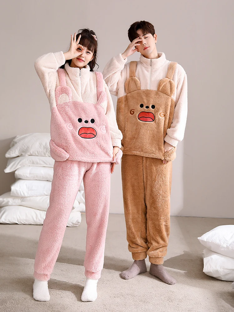 thiened-coral-fce-pajamas-couples-spwear-autumn-winter-home-clothes-men's-outwear-women's-home-comfortable-cartoon-print