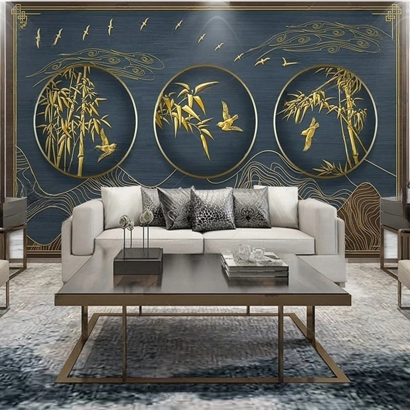 MU8746 nouveau paysage de ligne de relief de luxe léger de style chinois, forêt de bambou, mur de fond décoratif d'oiseaux volants de bambou