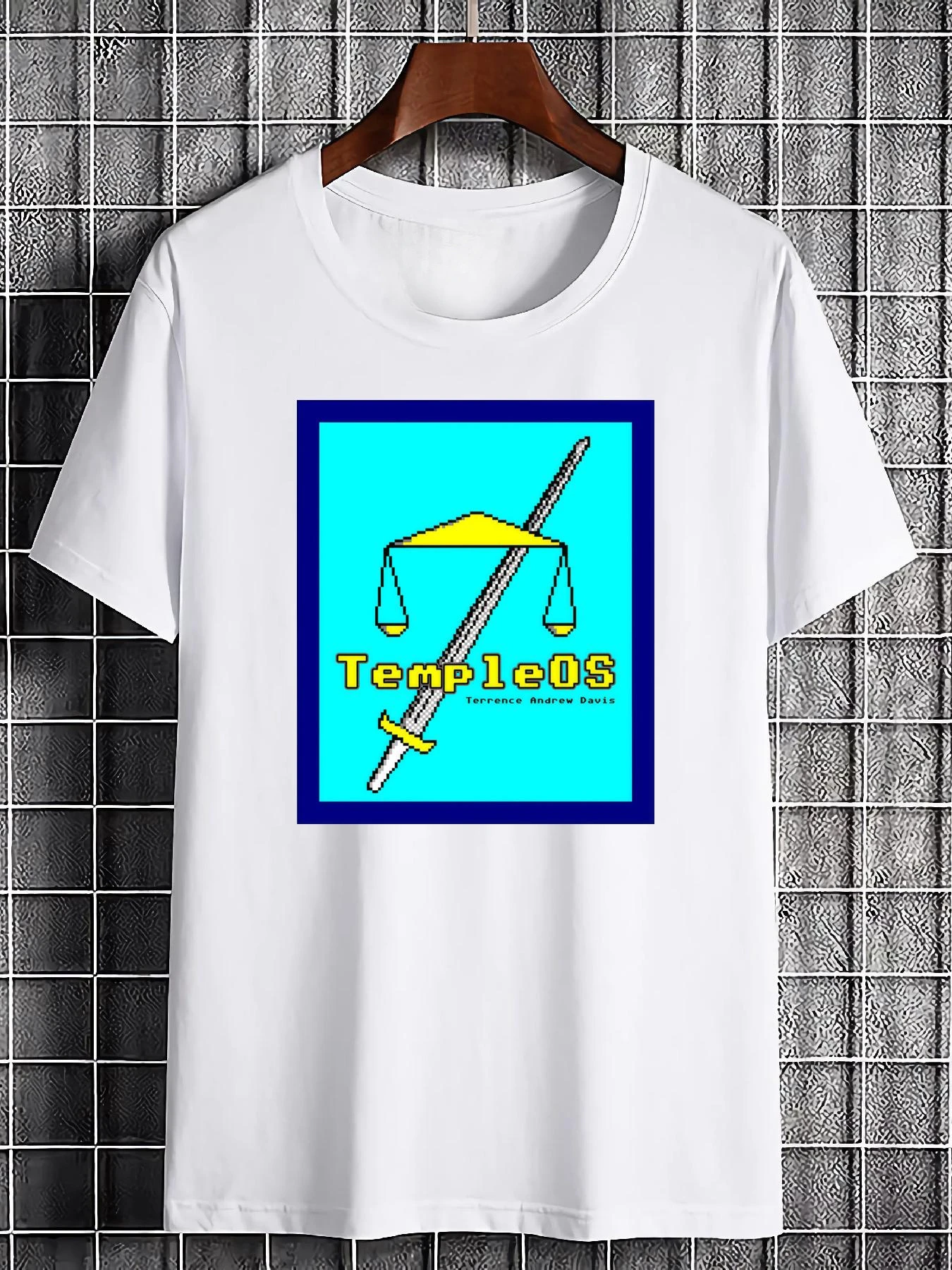 Temple OS Terry A Davis Pattern T-shirt in Jade Blue Temple OS Alphabet and Umbrella Design, unisex street style T-shirt