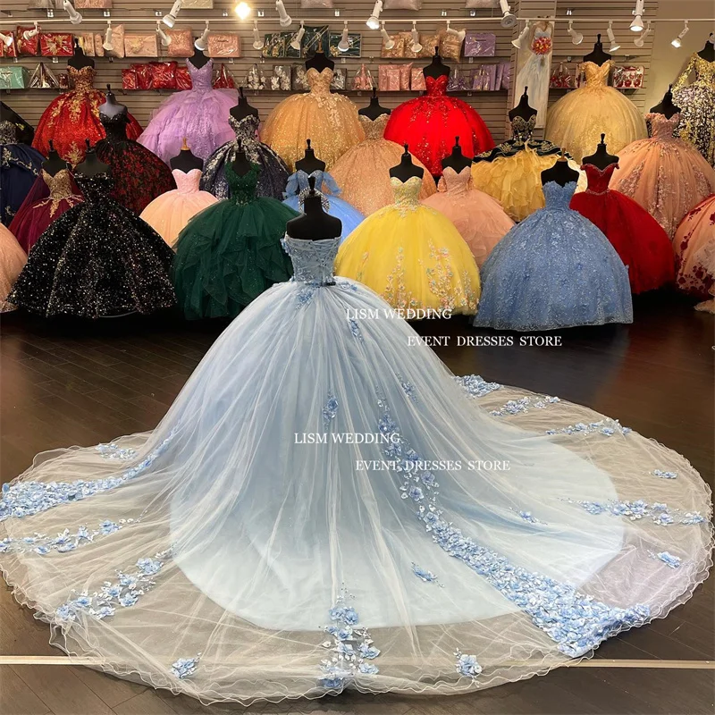 LISM Light Blue Tulle 3D Flowers 15 Quinceanera Dresses Glitter Sweetheart A-Line Ball Gowns Birthday Party Dress Custom Made