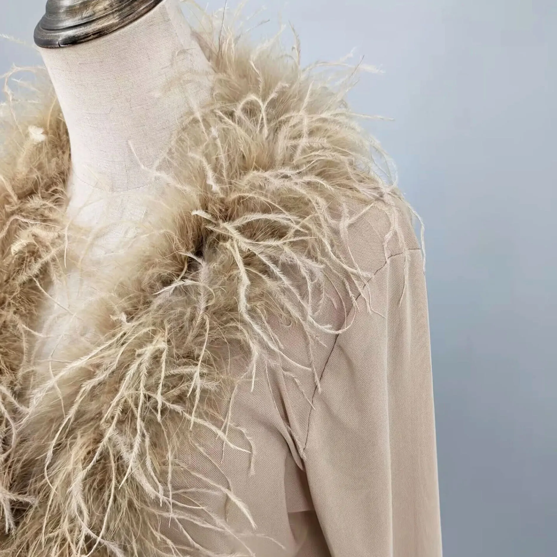 Women See-Through Top with Real Ostrich Feather Brown Black Cropped Jacket Top Bolero 240711