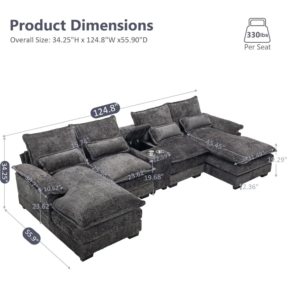 UShaped Modular SectionalSofa,GreyFluffy ChenilleCouch with ConsoleCupholders and USB Port ComfySofas for Apartment StudioOffice