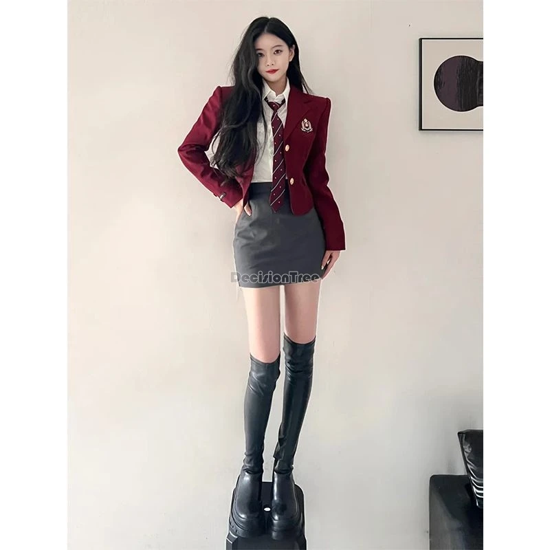 2024 autumn women's korean style suit jk uniform long sleeve coat white long sleeve blouse short slimming skirt 3 piece jk w928