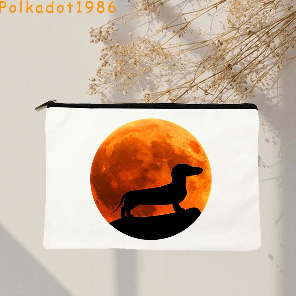 Funny Dachshund Silhouette Dog Canvas Cosmetic Bags Makeup Bag Floral Heart English Nope French Bulldog Pencil Case Zipper Pouch