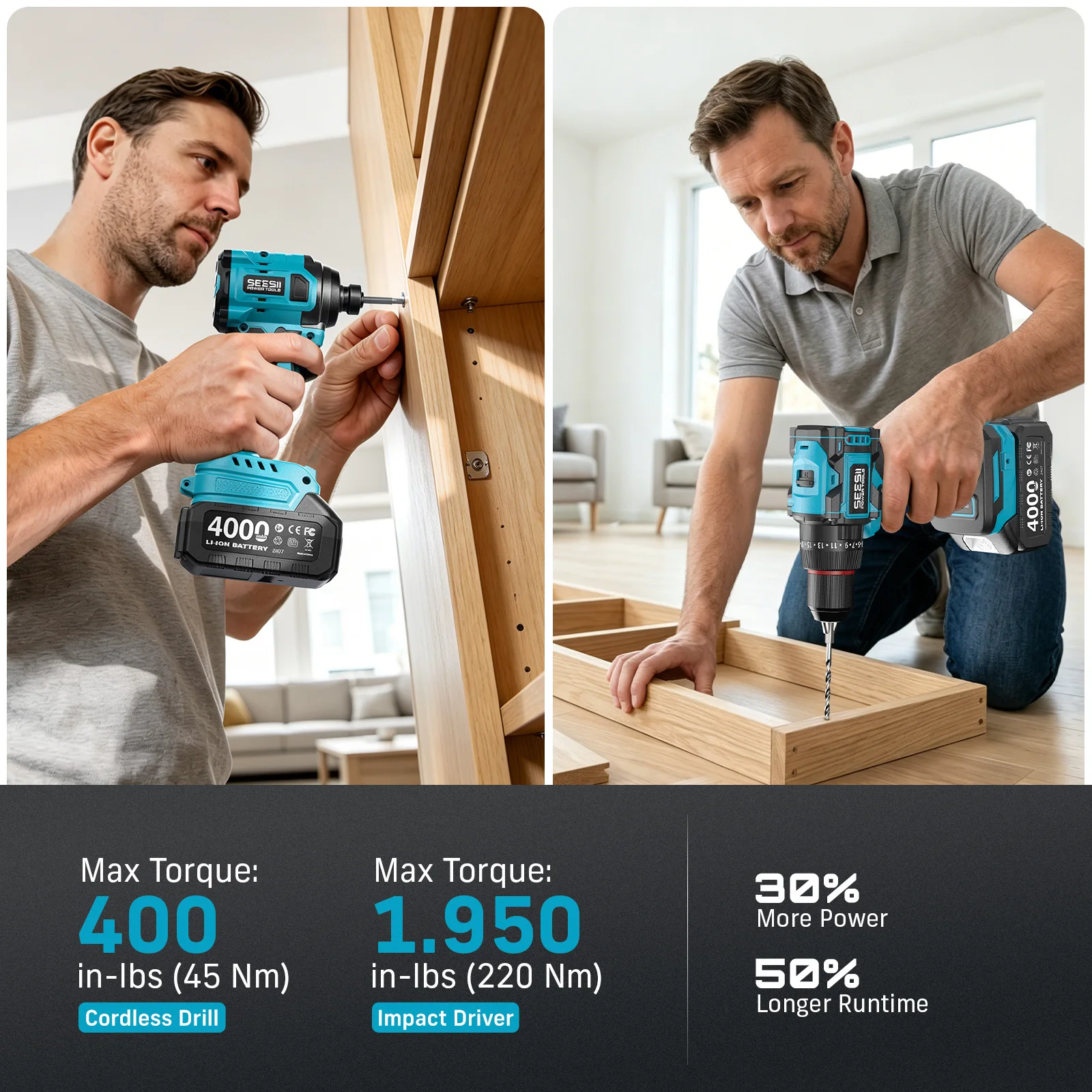 SEESII 3/8'' Drill & 1/4'' Impact Driver 21V Cordless Electric Brushless Drill Impact Wrench Variable Speed Screwdriver with 2x4.0Ah Batteries LED Light