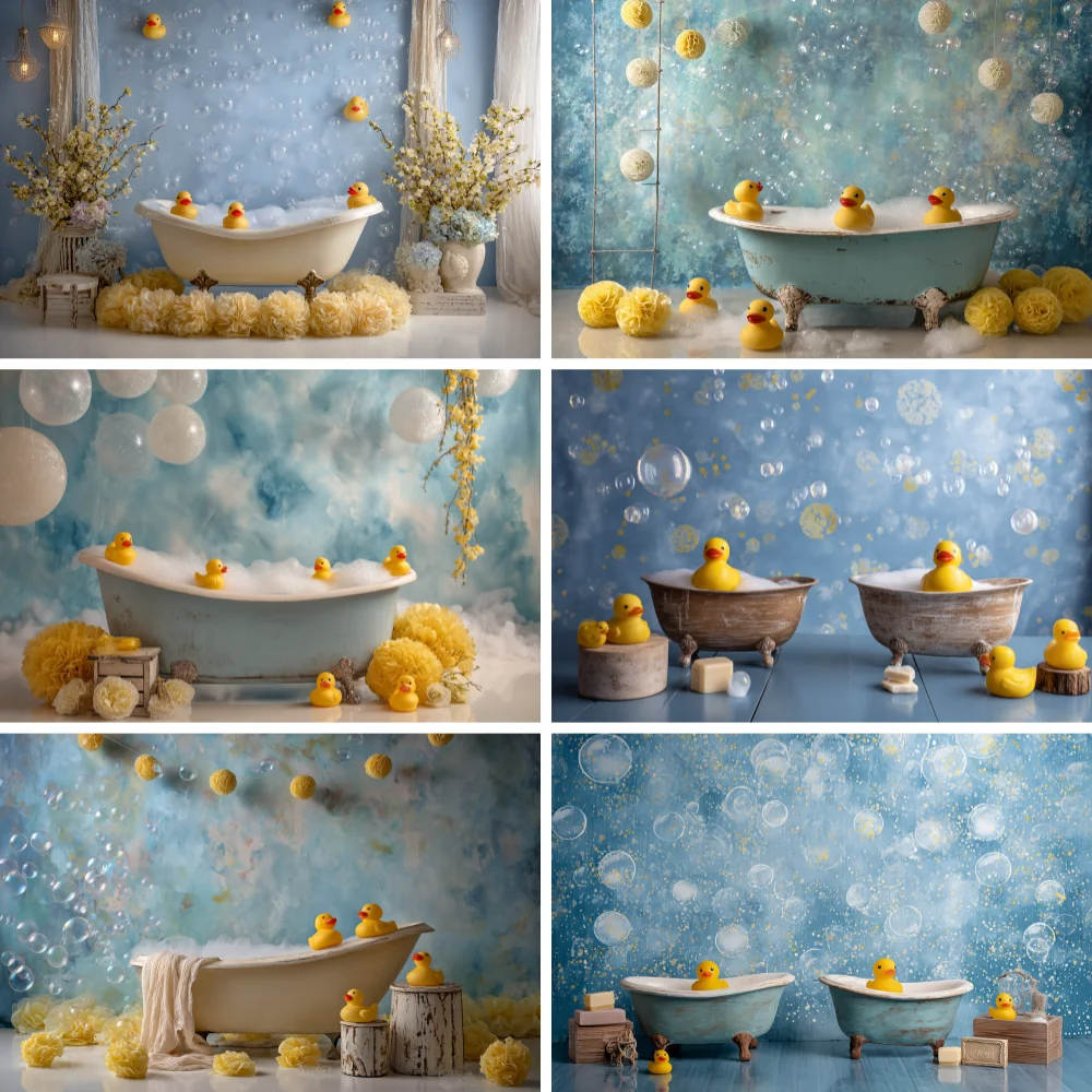 

Newborn Baby Bathroom Photography Backdrop Cartoon Little Yellow Duck Bubble Balloon Baby Shower Portrait Photo Background Decor