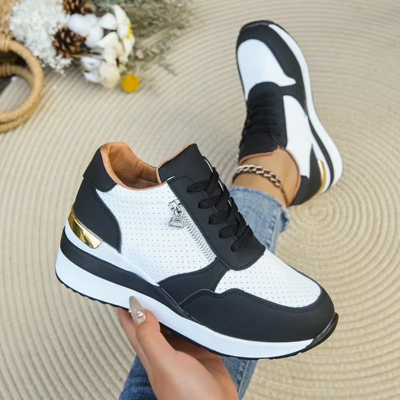 Women Sneakers Thick Sole Built-in Heel Lift Design Black White Casual Shoes Breathable Comfort Daily Wear Urban Style Footwear view 3