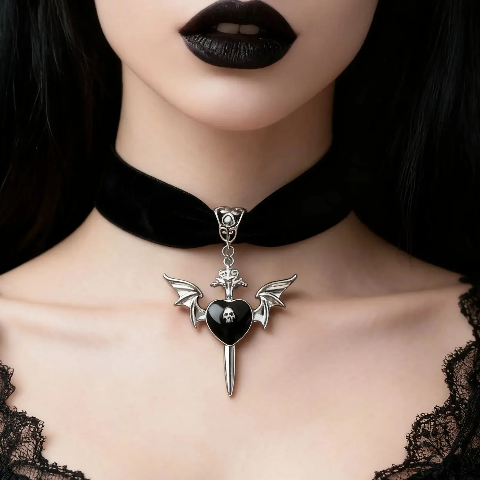 1 piece Gothic Winged Skull Enamel Black Heart Pendant Velvet Choker a Vintage Punk Necklace Suitable for Women as a Gift