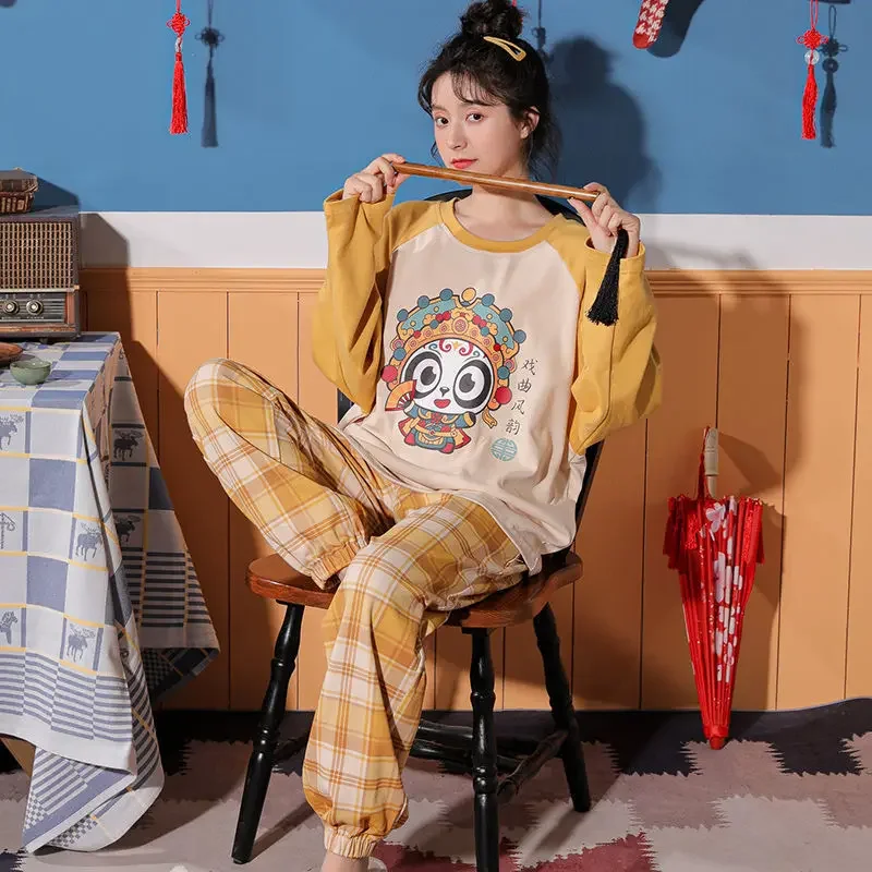 

Women Pajama Sets Kawaii Cartoon Letter Printed Spliced Long Sleeve O-neck Students Homewear Trendy Leisure Chic Chinese Style