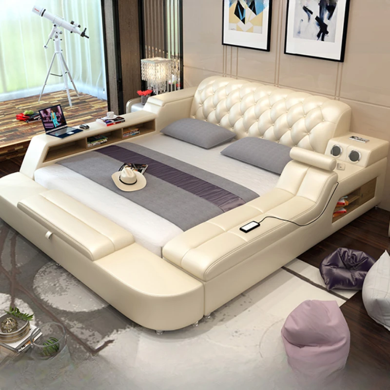 Tech Smart Bed 2 People With Queen Size Bed Frame , Genuine Leather, Massage, USB, Bluetooth Speaker, And Safe