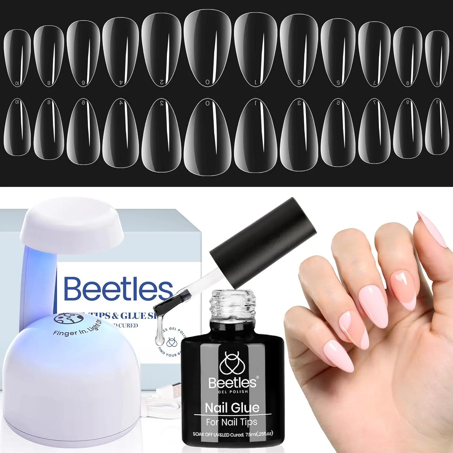 

Almond Gel Nail Kit with 500 Tips, UV Lamp, and Glue for Easy DIY Extension Set