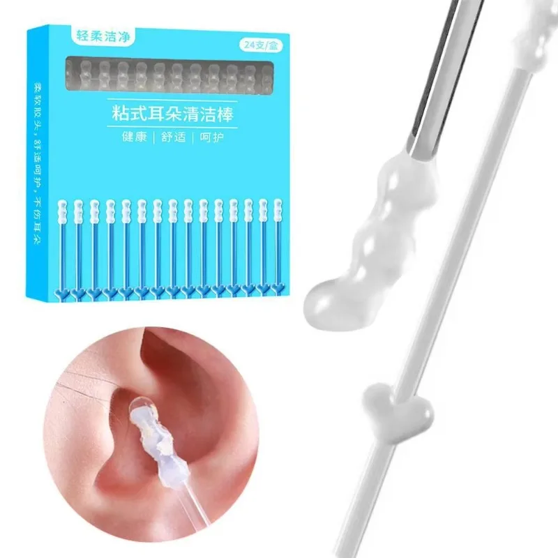 24PCS Sticky Ear Cleaning Sticks, Reusable Silicone Adhesive Ear Wax Removal Picks, Portable Ear Care Kit for Adults, Teens