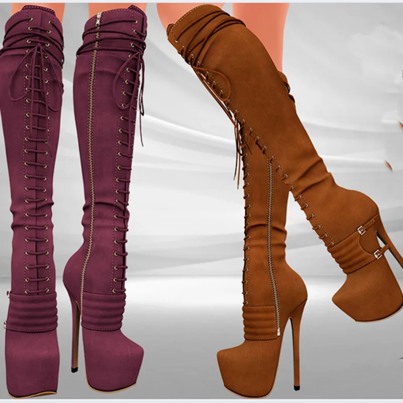 

Purple Zipper Lace Up Platform Boots Thin High Heel Pointed Toe Fashion Sexy 2024 Winter Big Size Woman Shoes Zapatillas Mujer