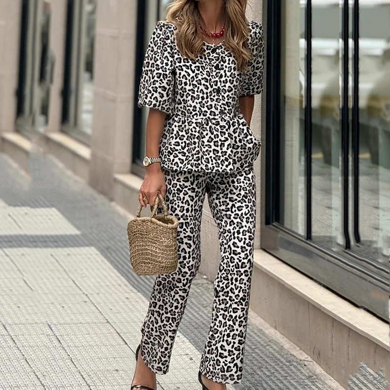 Spring Summer Leopard Print Loose Suit Women\'s Fashion Streetwear Straight Outfits Casual O Neck Puff Sleeve Top and Pants Sets