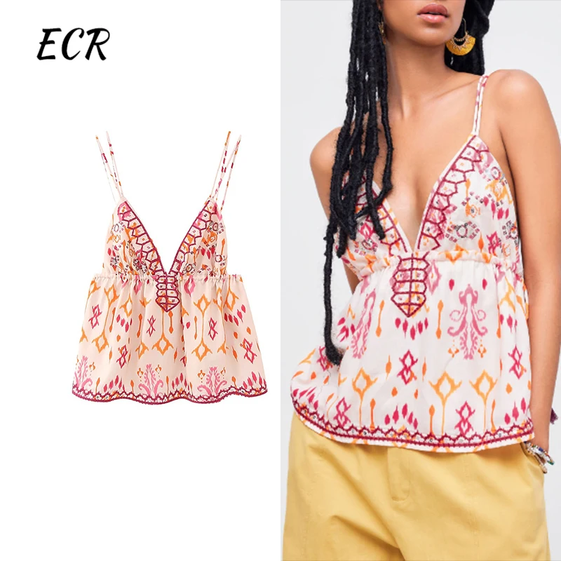 ECR Hit Color Printing Vest For Women V Neck Sleeveless Backless Loose Spliced Lace Up Sexy Tops Female Fashion Clothing Style