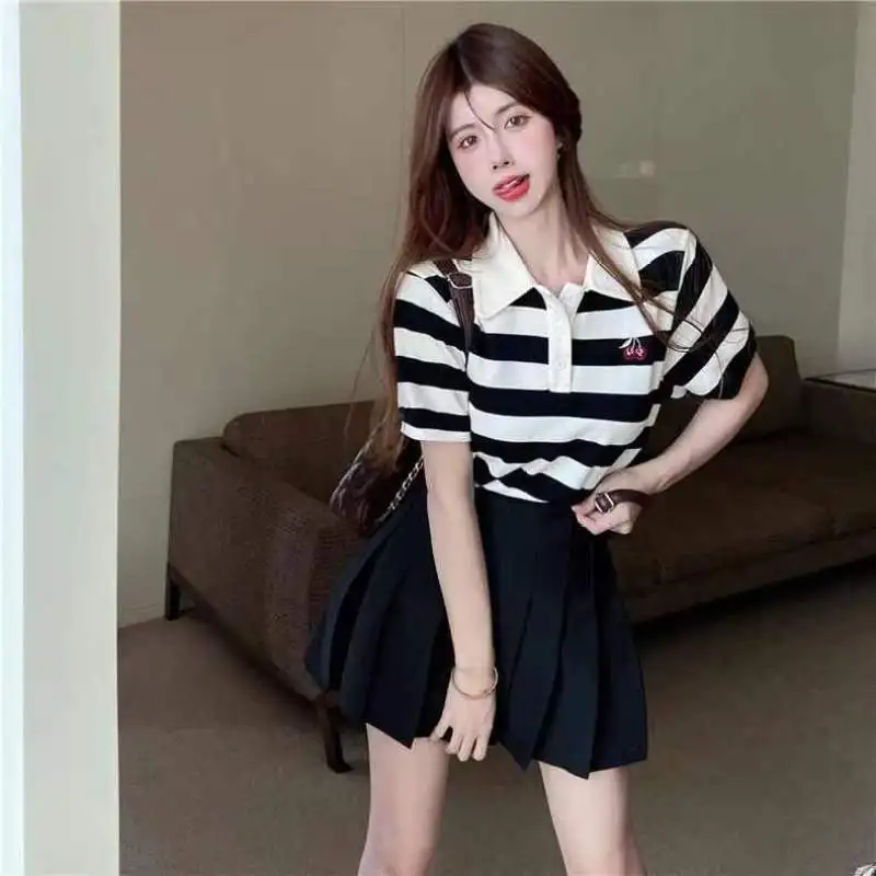 Women's Clothing Summer Outfits 2023 New Arrival Pure Sweet Stripe Age Reducing T-shirt Pleated Short Skirt Two Piece Suit