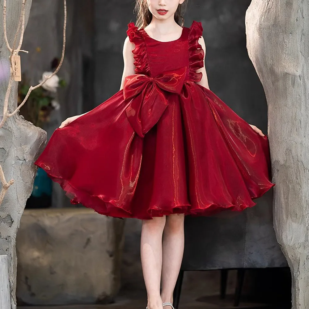 

High-end Knee-length Children's Clothing Solid Red White Sleeveless Princess Dress Party Dresses for Girls Christmas Dresses