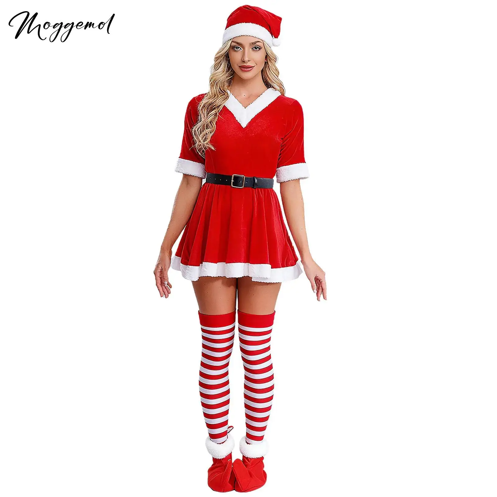 

Womens 5Pcs Christmas Mrs Santa Claus Outfits Hooded Dress Waist Belt Striped Stockings Hat And Shoes Xmas Party Cosplay Costume