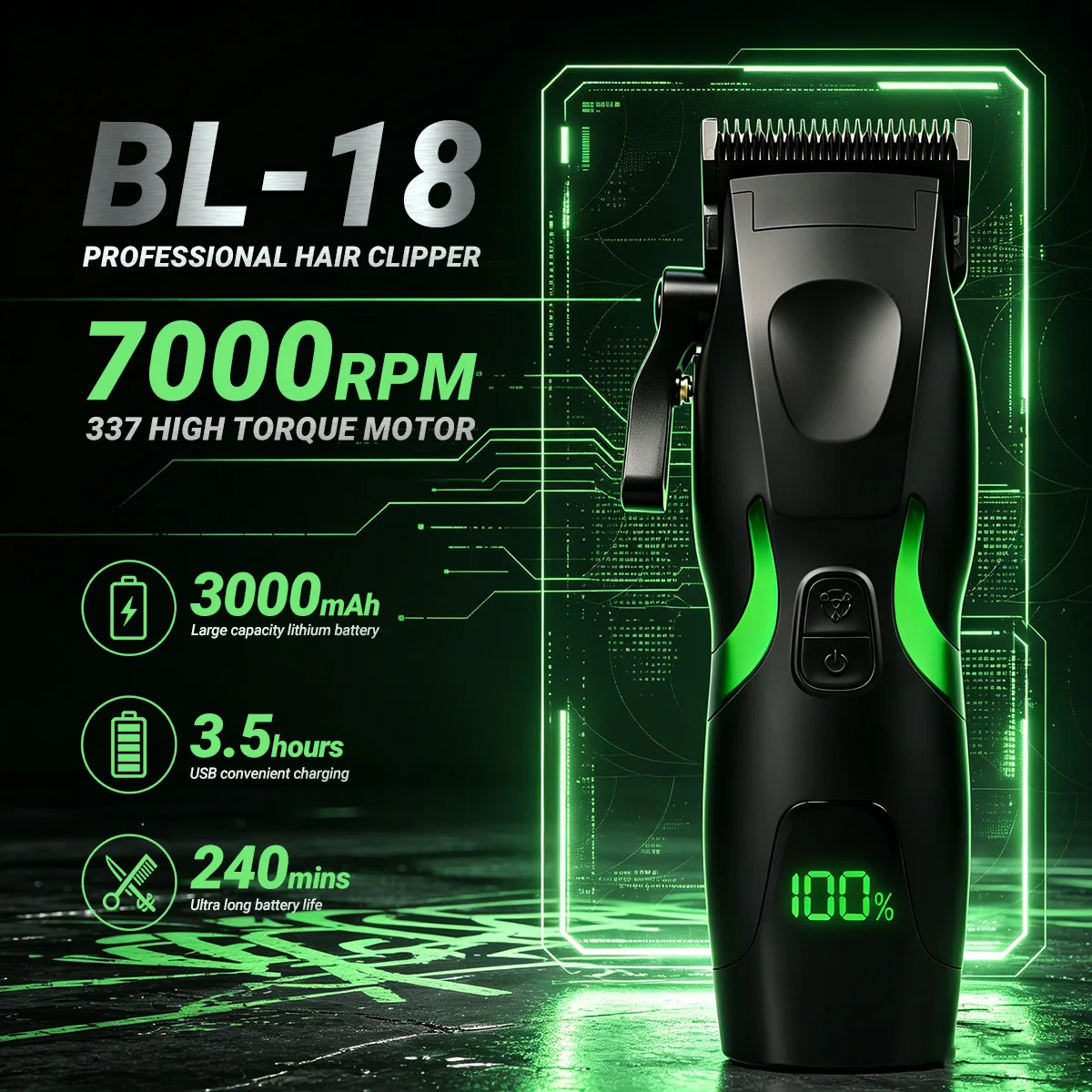 

New BL-18 7000RPM 337 Motor Hair Clipper Household Men's Electric Hair Trimmer 3000mAh Long battery life Haircut Machine