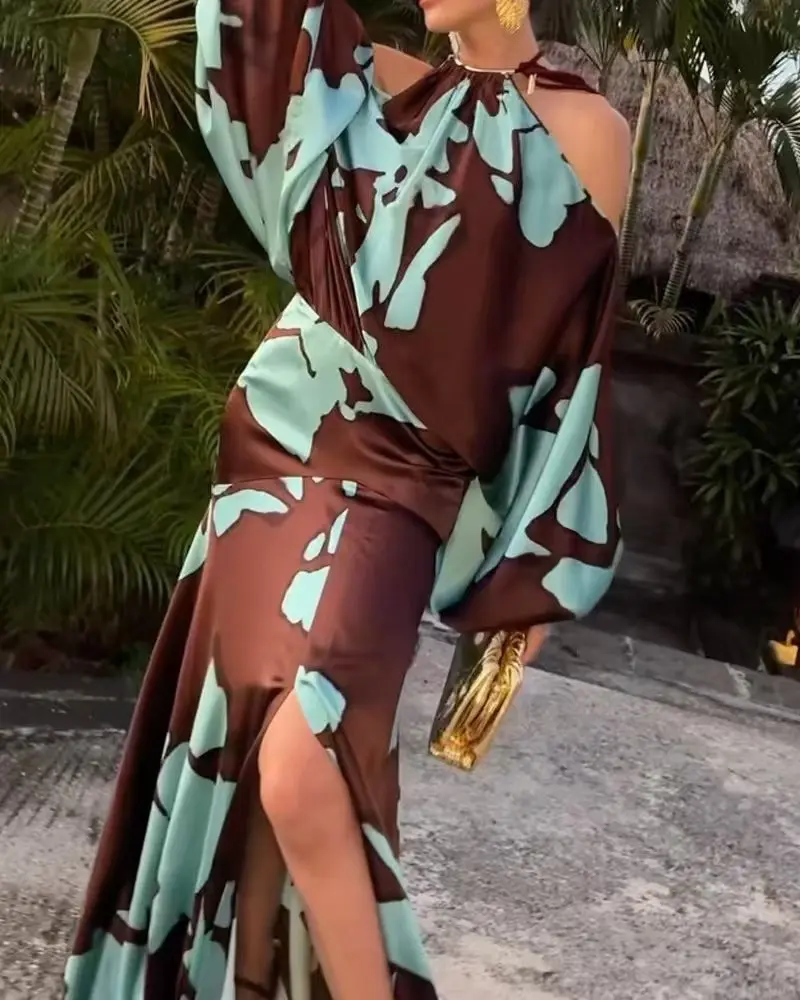 

Сексуальное длинное платье с вырезами на плечах, осеннее винтажное платье с длинными рукавами для праздников, богемное платье с винтажным принтом на талии