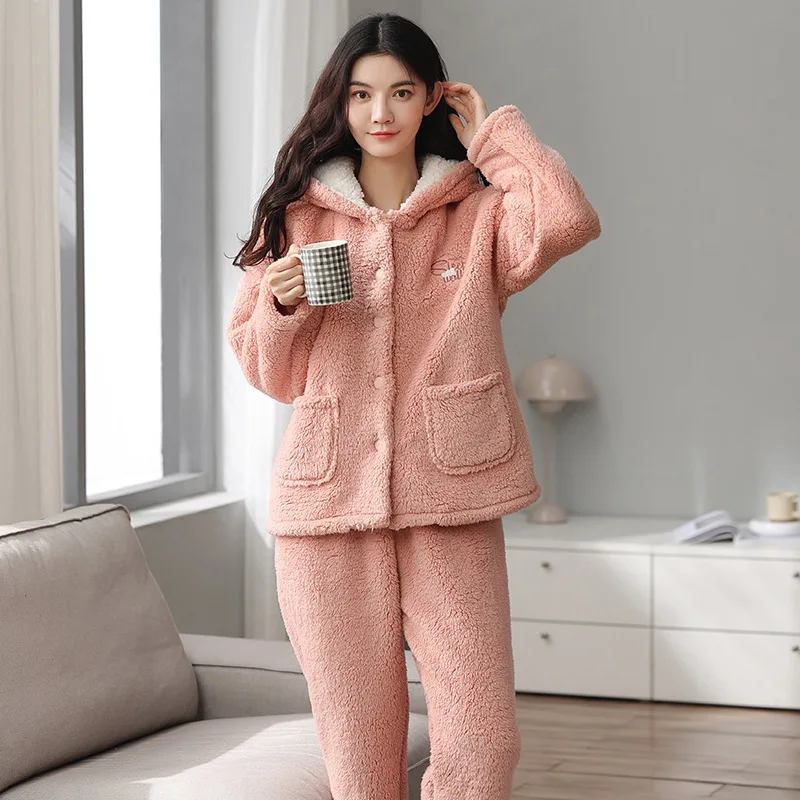 Hooded Two Pieces Shirt&Pants Sleep Set Women Outfits Button-down Pajamas With Pockets Coral Fleece Home Clothes Loungewear