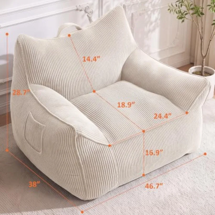 Oversized bean bag chair for living room, bedroom, dorm: corduroy fabric, gray, extra-fluffy with armrests and back support
